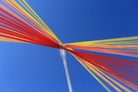 BONDI, AUSTRALIA -  OCTOBER 25, 2014; Sculpture by the Sea free public annual event 2014.  Sculpture titled Permanent Sunrise by Alejandro Propato, Argentina.  Abstract.  Materials, stainless steel. nylon wireのeditorial素材