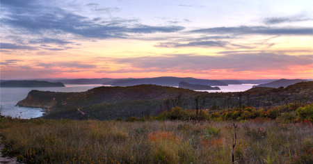 Looking over the heath lands at Box Head, Bouddi Australia at duskの写真素材