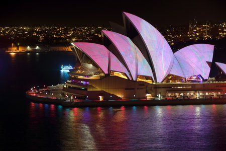 SYDNEY AUSTRALIA  MAY 23 2015 Sydney Opera House illuminated with  pretty colours and patterns ...