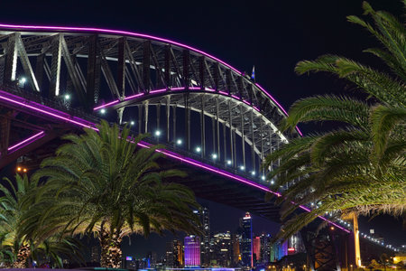 SYDNEY, AUSTRALIA - JUNE 6, 2015 - Scenic views from the harbourside walk at Milsons Point with Sydney Harbour Bridge and Sydney CBD buildings lit for Vivid Sydney annual festival.のeditorial素材