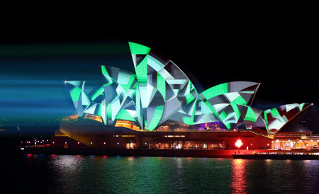 SYDNEY, AUSTRALIA - MAY 25, 2015;   Light beams stream onto the iconic landmark, the Sydney Opera House casting various moving patterns, like this geometric pattern during Vivid Sydney annual festival eventのeditorial素材
