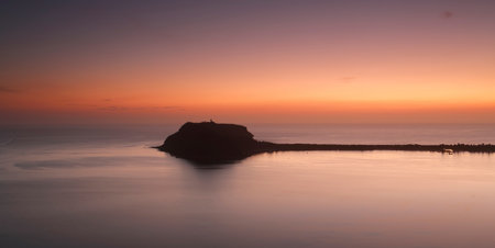 Barrenjoey Headland, Pittwater, Palm Beach scenic panorama during dawn pre sunrise and mystical sea fog. Long Exposure.の写真素材