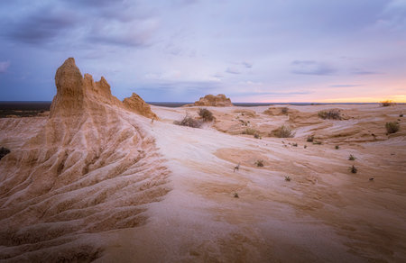 Arid desert landscape wind sculped land formsの写真素材
