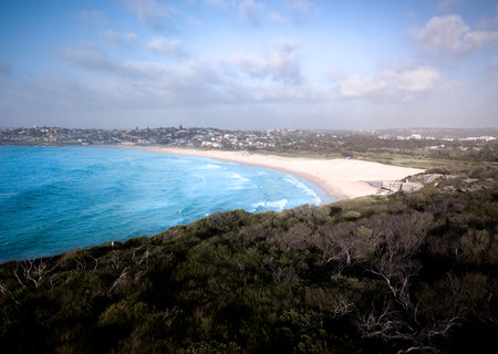Headland views to Curl Curl beach and suburb, northern beaches, Australiaの写真素材