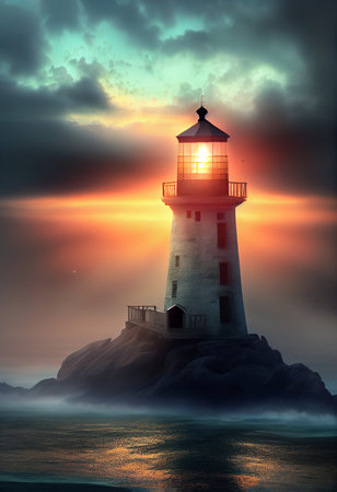 Lighthouse on the rock in the sea at sunset - AI generated background wallpaperの素材