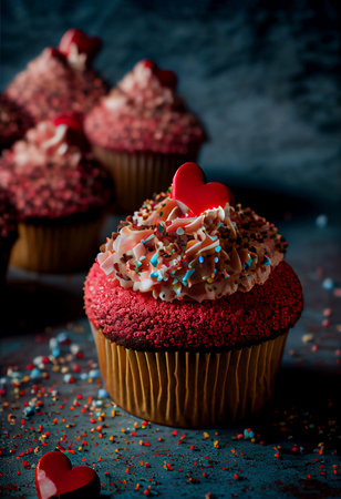 Cupcakes with red cream and heart on top. AI generated background wallpaperの素材