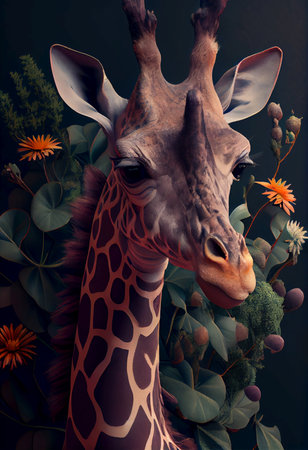 Giraffe head with flowers and leaves. AI generated background wallpaperの素材