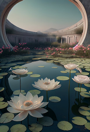 floating lotus flowers in a big pond. AI generated background wallpaperの素材