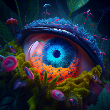 Eye of a jungle in vivid colors - AI generated alien plantの素材