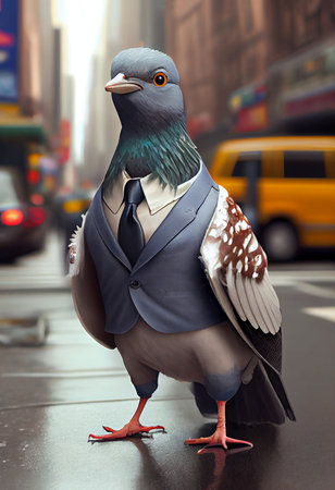 stylish pigeon hails cab in NYC wearing a classical suit - funny character - AI generated background wallpaperの素材