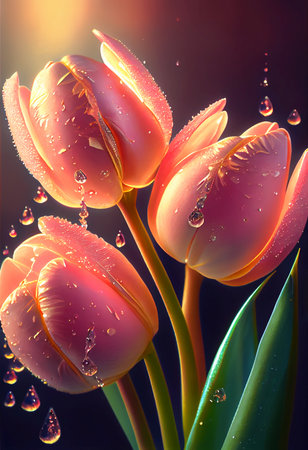 Bouquet of tulips with water drops on a dark background - AI generated flower wallpaperの素材