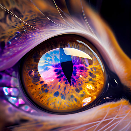 A Bengal kitten's eye reflects an iridescent universe - AI generated background wallpaperの素材