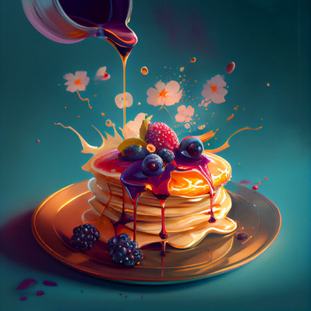 Fancy pancakes with berries and gold flowers garnished with syrup swirls - AI generated background wallpaperの素材
