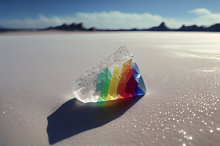 Colorful crystal on the white sand in the desert - AI generated background wallpaperの素材