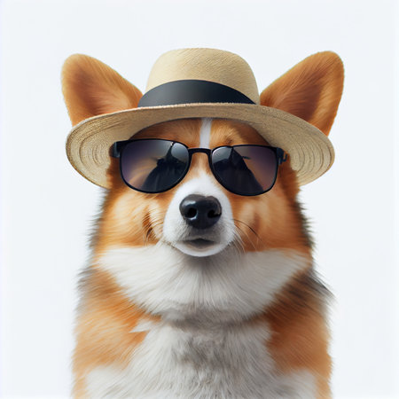 Portrait of a Welsh corgi dog wearing a hat and sunglasses. AI generated background wallpaper.の素材