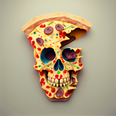 Skull shaped unhealthy pizza with pepperoni - AI generated cartoon deadly junk foodの素材