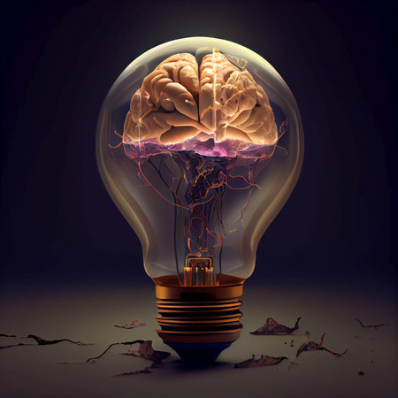 Brain inside a lightbulb on dark background - AI generated background wallpaperの素材