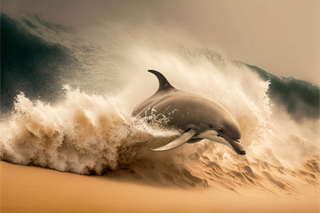 Dolphin jumps out from the sand in a desert - AI generated background wallpaperの素材