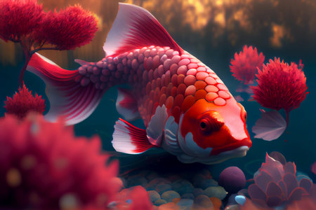 Beautiful big red koi fish - dreamy style - AI generated background wallpaperの素材
