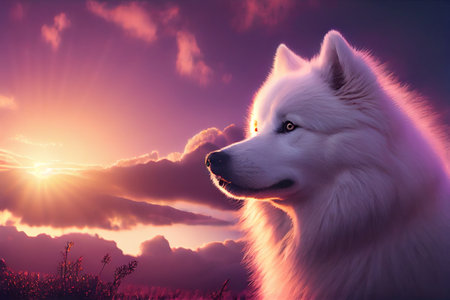 White Samoyed dog on the pink background with clouds and beautiful sunset. AI generated background wallpaperの素材