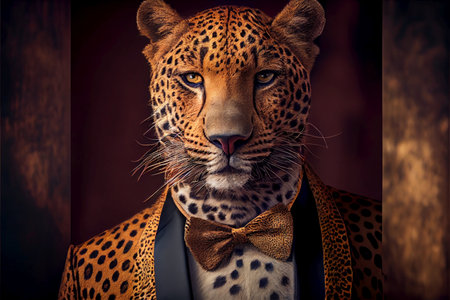 Wealthy African Leopard in Golden Tuxedo with Bowtie - AI generated background wallpaperの素材