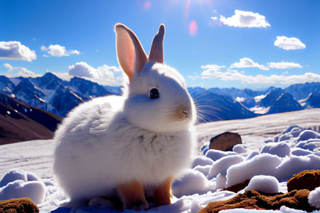 White fluffy rabbit on the background of snow-capped mountains - AI generated wallpaperの素材