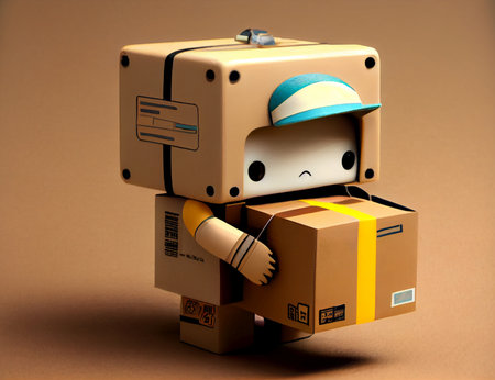 Cute robot courier with cardboard boxes on brown background. Delivery concept.の素材
