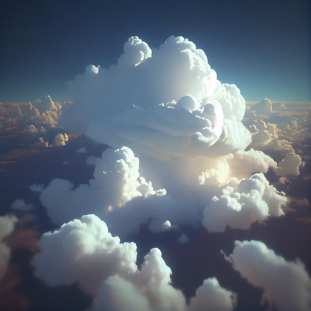 A beautiful sunny day with fluffy white clouds - view from airplane - AI generated cloudscape backgroundの素材