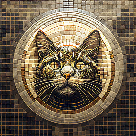 Mosaic mural of cat head in Moscow metro - AI generated background wallpaperの素材