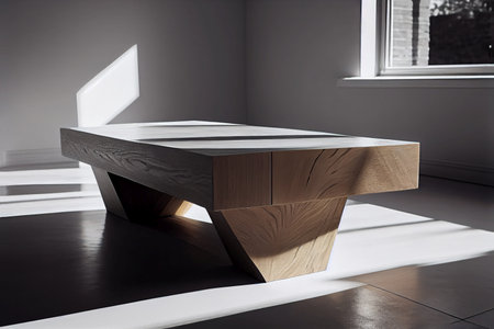 hand-crafted oak Coffee Table with matte finish in art gallery with white walls - AI generated background wallpaperの素材