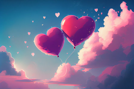 Two heart shaped balloons flying in a dreamy fantasy sky with pink clouds - AI generated cartoon landscape in anime styleの素材
