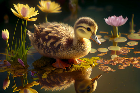 Tiny cute yellow duck in pond with intricate reflections - AI generated background wallpaperの素材