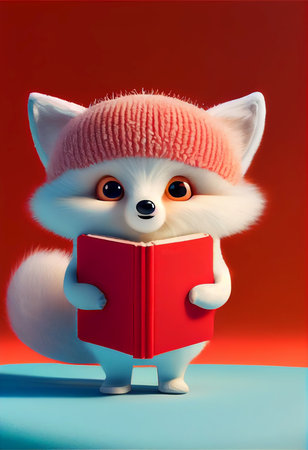 White baby fox holding red notebook on red background with plush hat - AI generated cartoon characterの素材