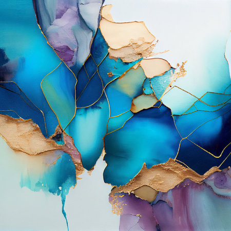 Alcohol ink texture. Blue and golden abstract background. AI generated wallpaperの素材