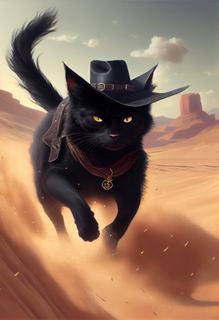 Black cat in hat chases mouse in desert - AI generated background wallpaperの素材