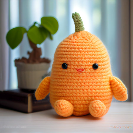 Handmade crocheted woolen toy in the form of a mango - AI generated background wallpaperの素材