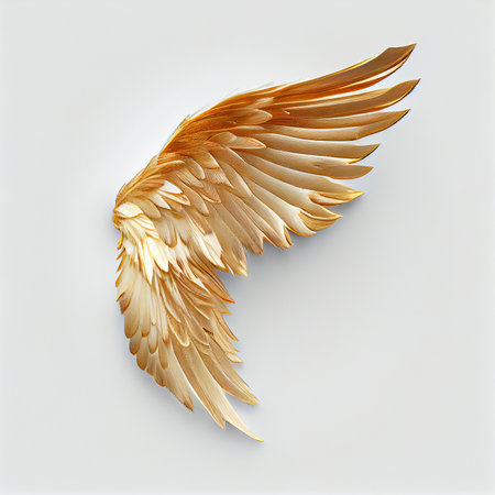 A golden wing of an angel on white backdrop - AI generatedの素材