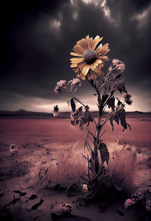 Beautiful lonely sunflower in a field. Toned. AI generated background wallpaperの素材