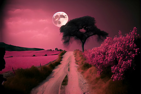 Night landscape with lonely tree in the middle of the road and full moon - AI generated background wallpaperの素材