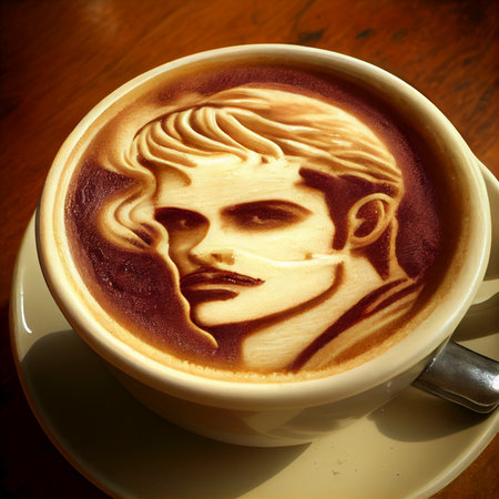 A cup of cappuccino with a picture of a man face - AI generated latte artの素材