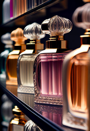 Perfume bottles on the shelf in a luxury perfumes shop - AI generated background wallpaperの素材
