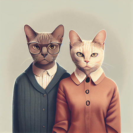 cat couple wearing fashion clothes - AI generated retro minimalistic backgroundの素材
