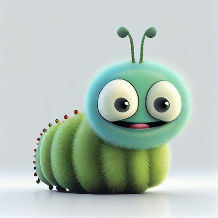 Cheerful 2D cartoon caterpillar on white background - AI generated background wallpaperの素材