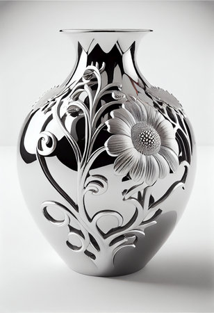 Flower decorated and chrome polished vase on white background - AI generated wallpaperの素材