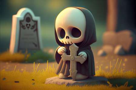 cute tiny death stands on the grave - AI generated cartoon characterの素材