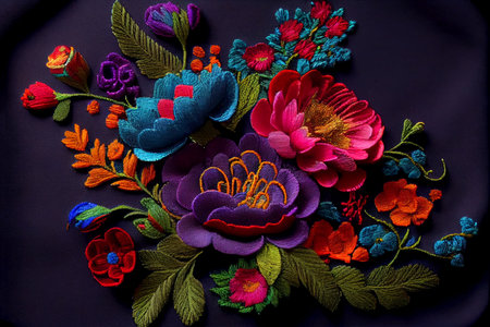 Close up of handmade colorful floral embroidery - AI generated background wallpaperの素材