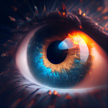 Close up of human eye with glowing iris - AI generated background wallpaperの素材