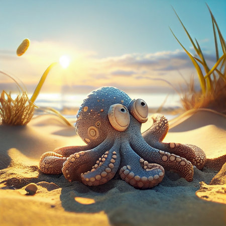 Cute big octopus sunbathing on beach with joyful shells - beautiful landscape with sunset sky - AI generated background wallpaperの素材