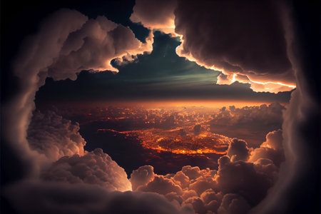 Aerial clouds and city at night - AI generated cloudscape view from airplaneの素材
