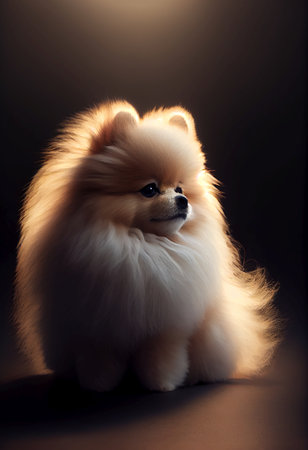 Fluffy pomeranian dog on a black background in the rays of light - AI generated wallpaperの素材
